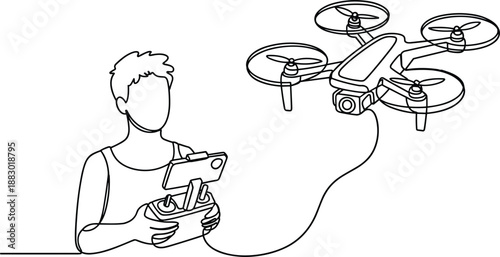 Minimal line art illustration of person controlling quadcopter drone with remote controller and smartphone, modern aerial technology concept for surveillance, photography, innovation, and wireless 