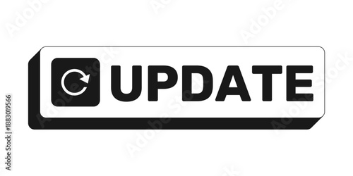 Update rectangle UI web button. Page reload refresh. Sync content. New version. Latest data. Upgrade software. Black and white clickable bold element. CTA for social media, streaming. Rubik font used