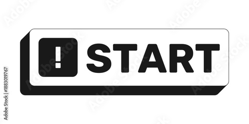 Start rectangle UI web button. Begin action. Process initiation. Launch tool. Initialize feature. Trigger. Black and white clickable bold element. CTA for social media, streaming. Rubik font used