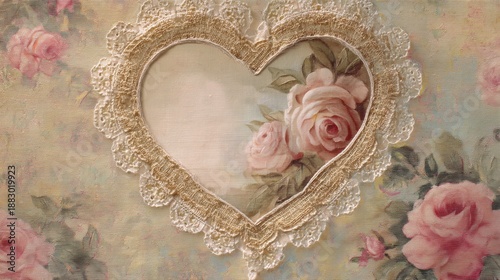 Vintage Floral Heart Frame with Soft Pink Roses and Delicate Lace on a Romantic Background