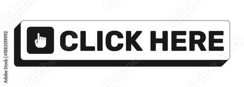 Click here rectangle UI web button. Interactive prompt. Navigation action. Press here. Activate link. Black and white clickable bold element. CTA for social media, streaming. Rubik font used