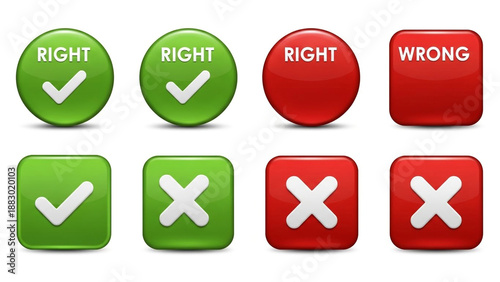 Green and red buttons with checkmarks and crosses in 3D rendering for user interface design