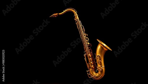 tenor. Vintage tenor saxophone with a golden patina, spotlighted on a dark stage. event programs, museum guides, designed for cultural heritage projects and event programs, preserves heritage.