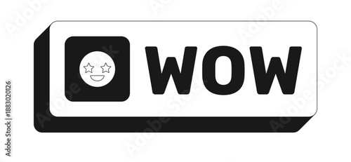 Wow rectangle UI web button. Amazement excitement expression. Admiration reaction. Impressive viral post. Black and white clickable bold element. CTA for social media, streaming. Rubik font used