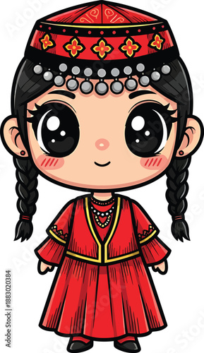Cute Armenian Girl in Traditional Red Dress and Papak Hat, Cartoon Style