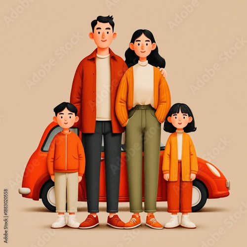 Happy smiling family portrait with car on solid color background, minimalist style perfect for automotive or family lifestyle content