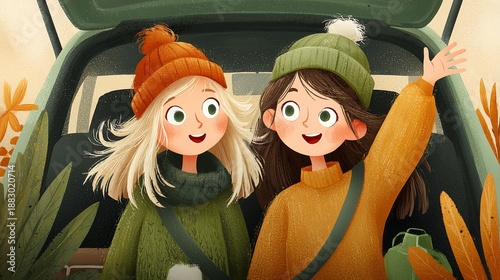 Two excited young girls in car trunk ready for autumn road trip, cheerful minimalist composition with seasonal theme