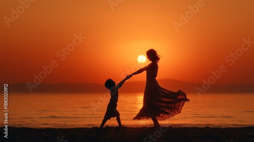 Emotional Sunset Beach Scene with Mature Mother and Son Dancing, Silhouettes Against Warm Hues