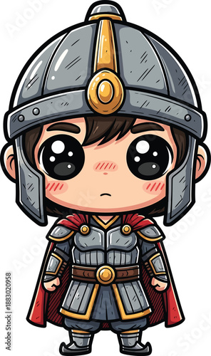Cute Chibi Knight Warrior in Armor with Red Cape, Cartoon Style