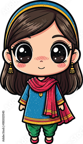 Cute Chibi Girl in Traditional Indian Salwar Kameez with Jhumka Earrings