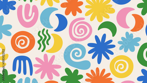 Colorful doodle pattern with hand drawn shape and figures. Fun abstract background in childish style