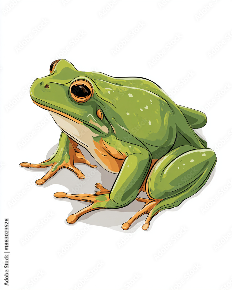 Fototapeta premium A vibrant green frog with orange eyes and legs sitting on a white background