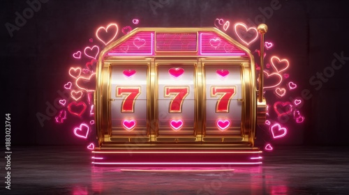 Bright and Colorful Slot Machine with Heart Symbols and Neon Lights for Fun Gaming and Entertainment Themes
