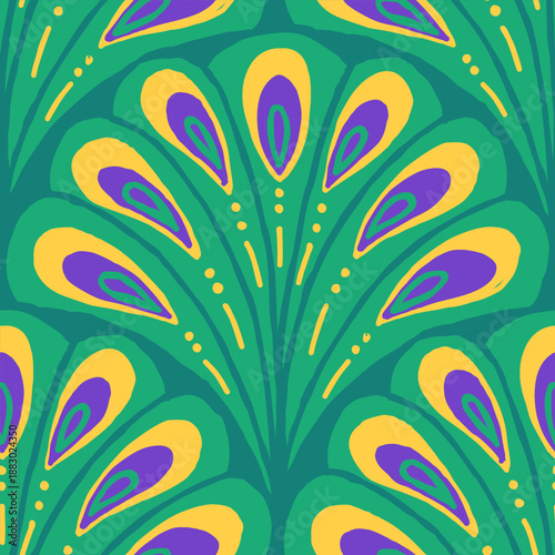 Mardi Gras peacock feather pattern with green purple gold colors