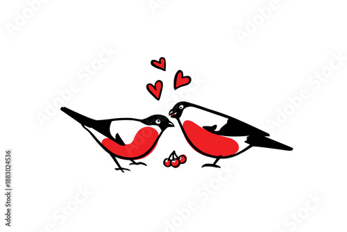 Vector illustration of hand drawn cute bullfinches in love. Beautiful design elements, ink drawing, funny romantic illustration. Perfect for Valentine's day celebration.