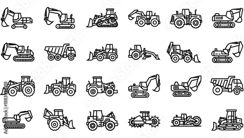 Collection of Heavy Machinery Icons in Black.