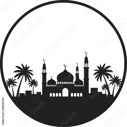 Minimal Desert City Skyline Silhouette with Mosque