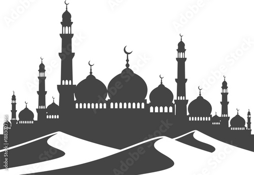 Desert City Silhouette with Mosque Dome and Road