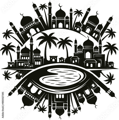 Islamic Cityscape Silhouette in Round Logo Style