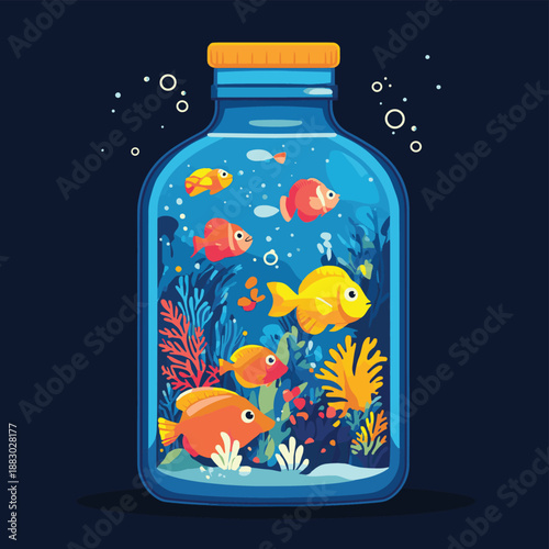 Cartoon underwater world in a bottle, exotic sea colorful fish , vector style simple color