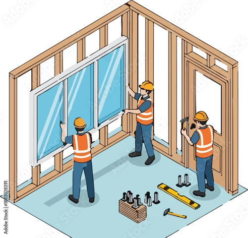 Construction workers installing windows and door in wooden framed house interior with tools