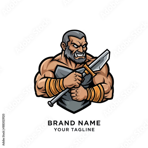 Muscular Man Holding Axe Cartoon Illustration.
