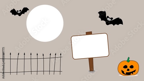 Halloween party with pumpkin bat and moon with small graveyard on color and green background - animation