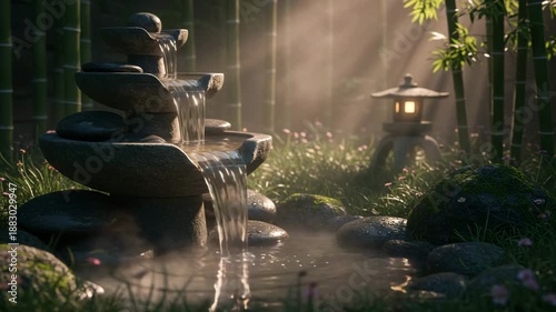 Serene zen garden scene with cascading water feature surrounded by lush greenery and bamboo trees in a tranquil forest setting