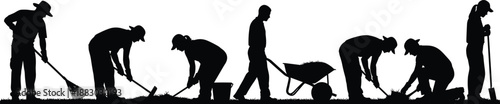 Construction workers silhouettes digging and working with tools and wheelbarrow, isolated black figures representing labor, teamwork, industry and workforce activity