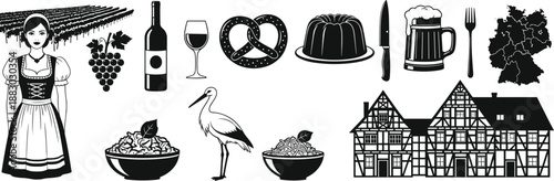 German Oktoberfest culture illustration set with traditional food beer wine costumes landmarks and symbols, isolated black silhouettes for design