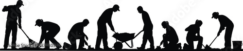 Construction workers silhouettes performing labor tasks with tools and wheelbarrow, isolated black figures representing teamwork, industry, workforce and manual work
