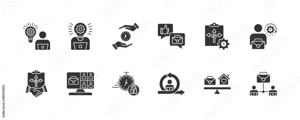 Fototapeta premium Remote working icon collection set. Containing Online Meeting, Flexibility, Agreement, Virtual Work, Time Management, Work On Demand, Flexibility Program, Part Time. Simple Solid vector illustration.