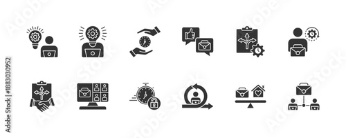 Remote working icon collection set. Containing Online Meeting, Flexibility, Agreement, Virtual Work, Time Management, Work On Demand, Flexibility Program, Part Time. Simple Solid vector illustration.