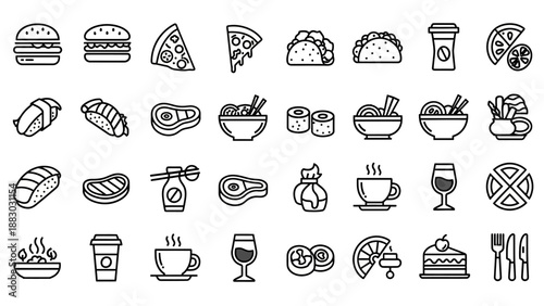 Collection of Food and Drink Icons Outlined.