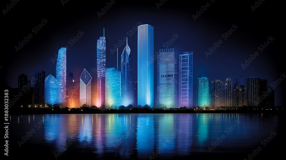 Fototapeta premium Vibrant Cityscape At Night With Blue Lights Reflecting On Water