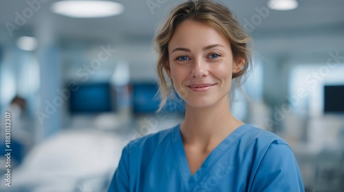 Young beautiful nurse smiling confidently in bright medical ward, modern hospital beds and diagnostic screens creating atmosphere of cleanliness and efficiency. cinematic color correction, natural