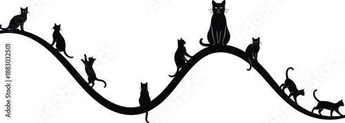 Playful cat silhouettes walking and sitting along curved line, isolated black feline figures representing motion, balance, curiosity and minimalist animal design
