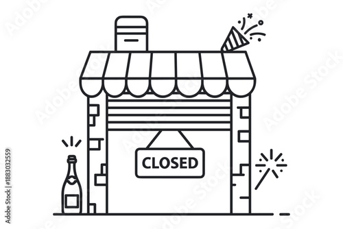 Line illustration of a business closure, with a 'CLOSED' sign, champagne, and confetti, symbolizing a significant farewell or a new phase for an enterprise