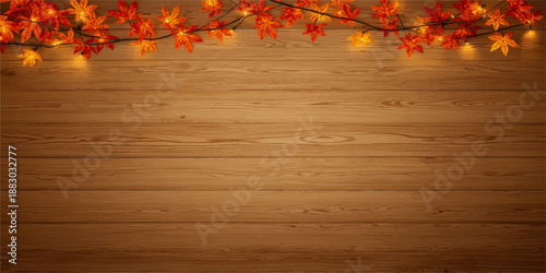 Autumn leaves on a rustic brown wooden floor texture featuring natural timber grain and hardwood planks in a warm nature design