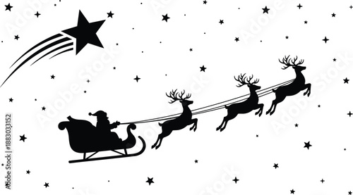 Santa Claus sleigh silhouette flying with reindeer and shooting star across starry sky, isolated black Christmas holiday illustration