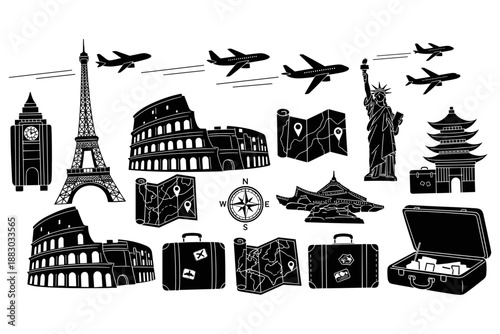 Explore iconic global destinations and essential journey accessories with this comprehensive collection of travel-themed silhouettes, perfect for worldwide adventure concepts