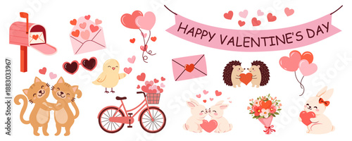 Valentine's Day cute animal couple vector illustration with bunny rabbit bear fox bird and heart love elements. Romantic hand drawn design for greeting cards invitations stickers packaging and social 