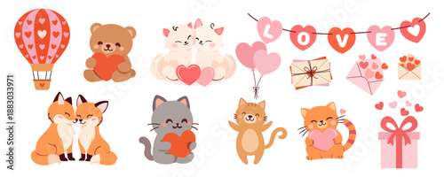 Valentine's Day cute animal couple vector illustration with bunny rabbit bear fox bird and heart love elements. Romantic hand drawn design for greeting cards invitations stickers packaging and social 