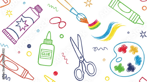 Colorful Creative Supplies Doodle Background Engaging Hand-Drawn Art and Craft Tools for Education, Hobbies, and Inspiring Artistic Expression