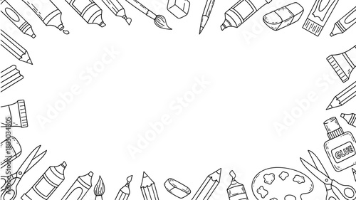 Doodle-style border of art supplies, including pencils, brushes, paint tubes, scissors, and palette for creative projects and education