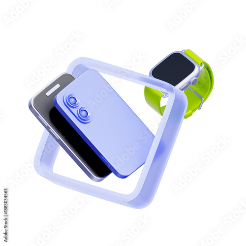 Billede på lærred 3D icon of a smartphone with a smartwatch For electronics category, digital gadgets, mobile technology, and consumer electronics store