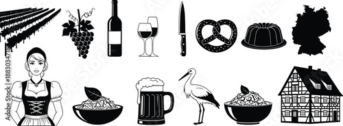 Traditional German culture icons set with Oktoberfest food beer wine grapes costumes and landmarks, isolated black silhouettes for cultural design use