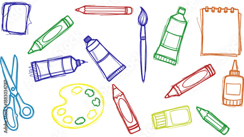 Whimsical illustration showcasing a diverse array of essential art supplies and creative tools in a hand-drawn sketch style, ideal for artistic endeavors