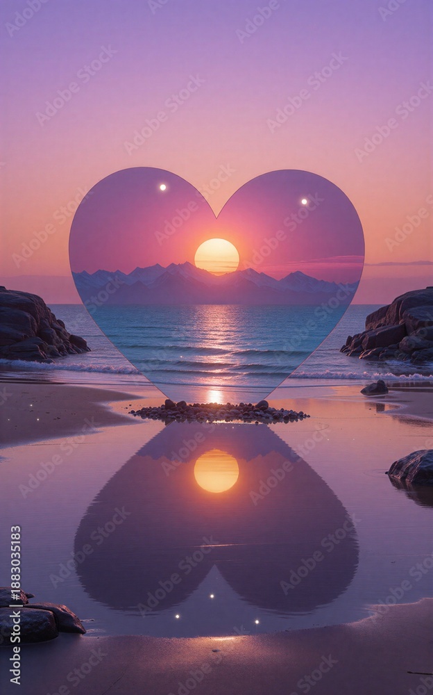 Obraz premium Heart-shaped frame over purple sunset, mountains, and reflective water below.