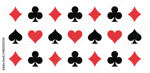 Seamless pattern with red and black playing card suits arranged in rows for casino wallpaper or fabric graphics